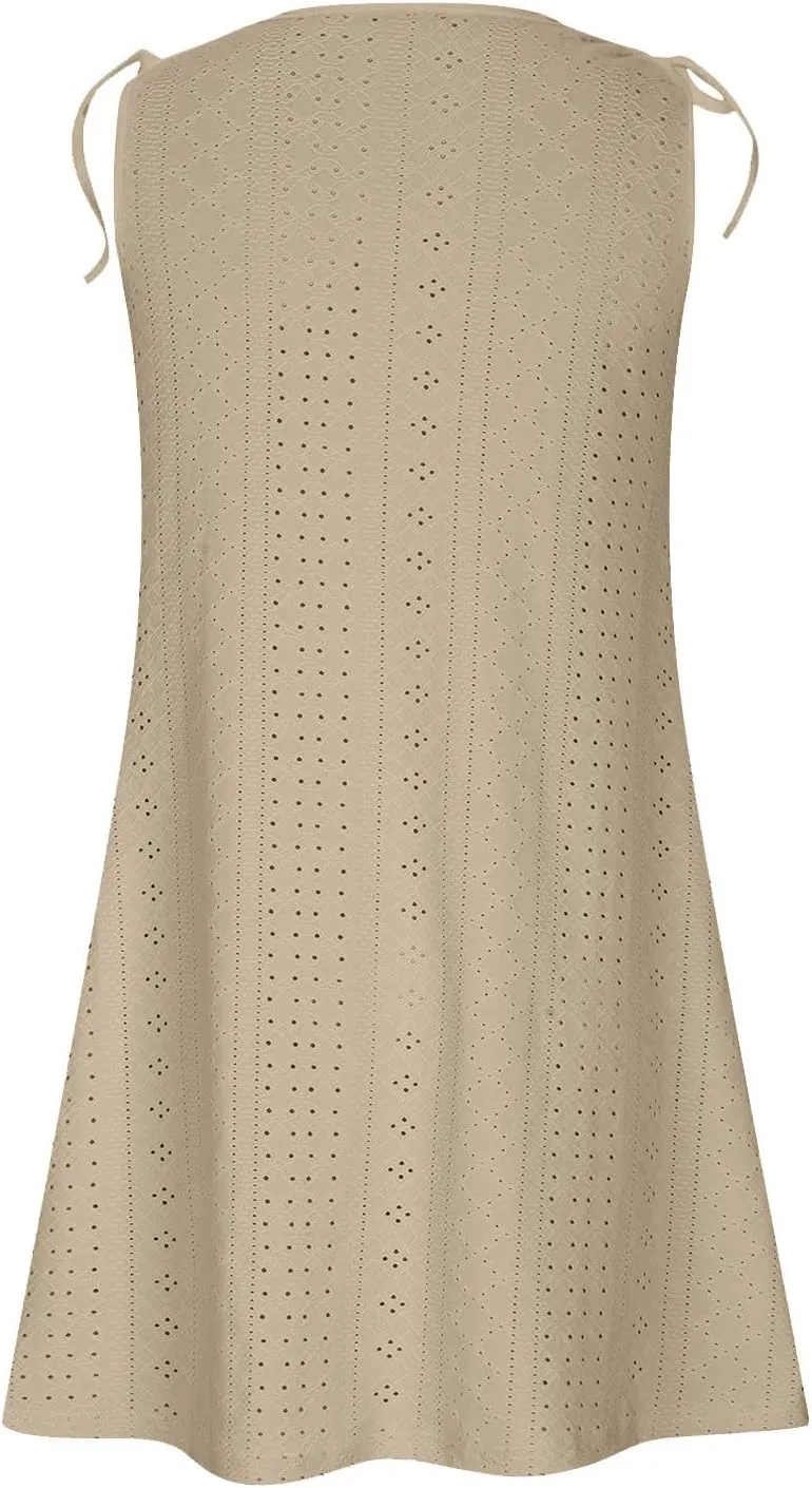 Beach Vacation Clothes for Women Breathable Round Neck Hollow Sleeveless Dress Cute Knee Length Sundresses