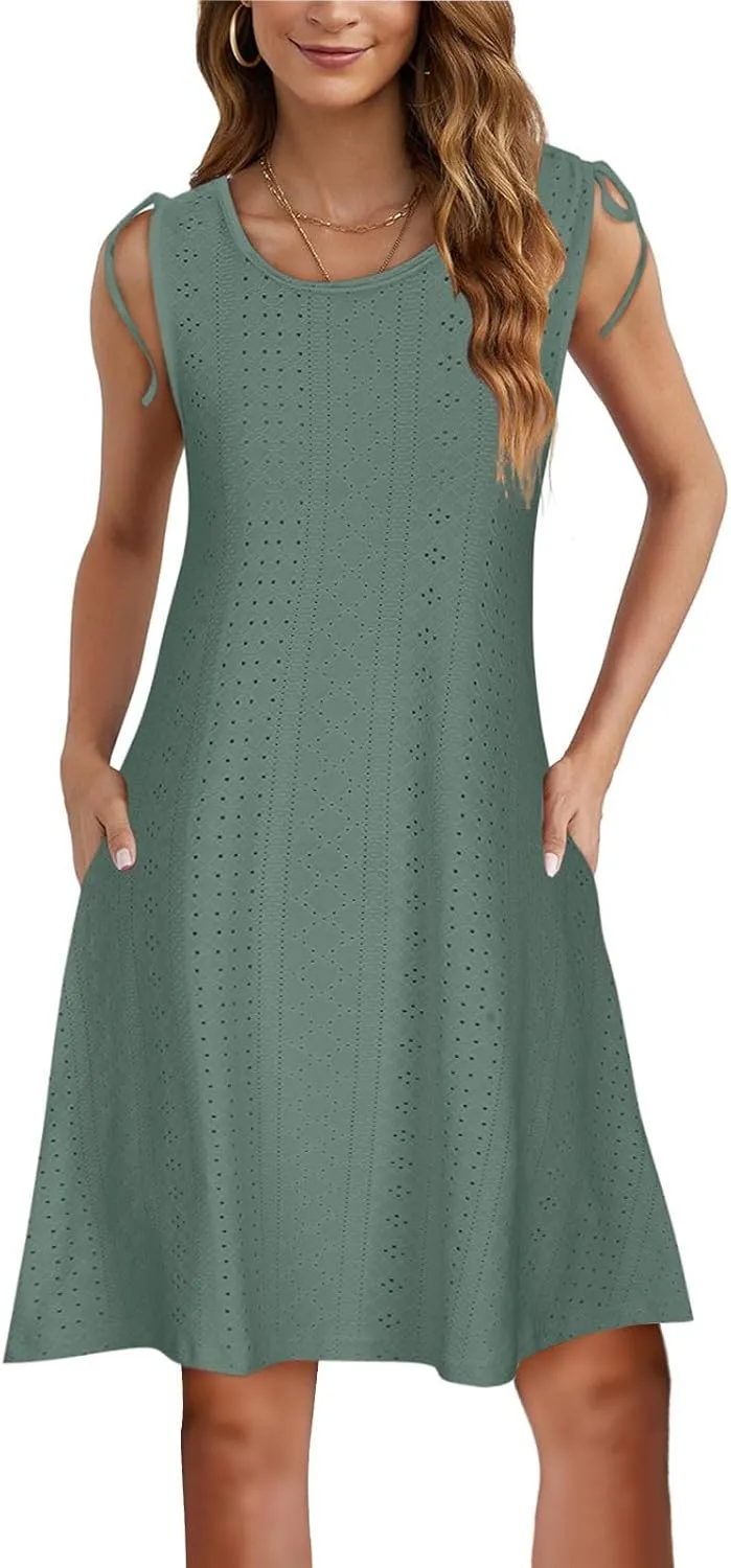 Beach Vacation Clothes for Women Breathable Round Neck Hollow Sleeveless Dress Cute Knee Length Sundresses