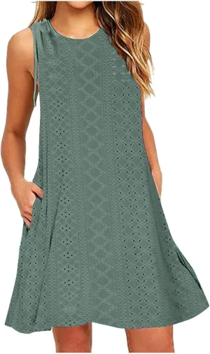 Beach Vacation Clothes for Women Breathable Round Neck Hollow Sleeveless Dress Cute Knee Length Sundresses