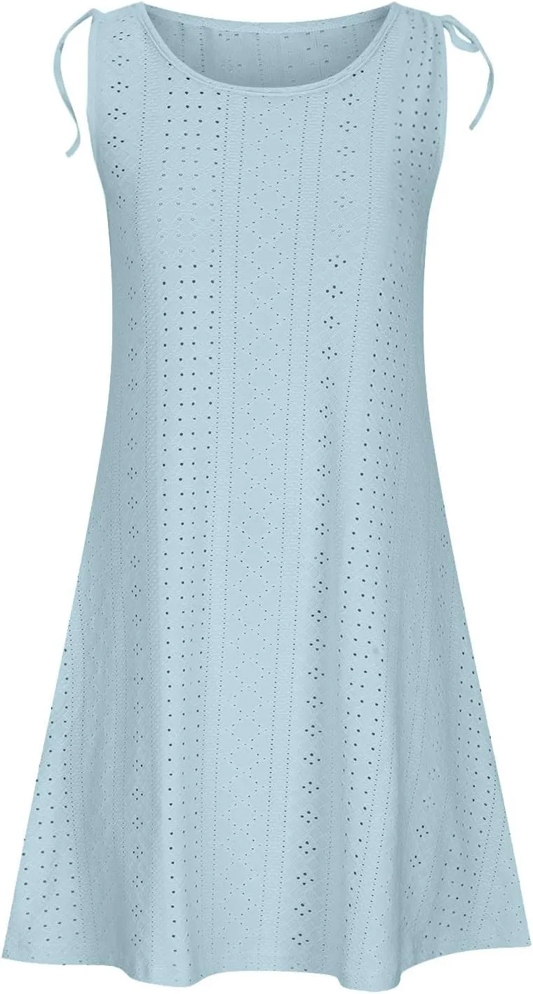 Beach Vacation Clothes for Women Breathable Round Neck Hollow Sleeveless Dress Cute Knee Length Sundresses