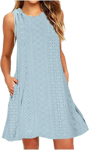 Beach Vacation Clothes for Women Breathable Round Neck Hollow Sleeveless Dress Cute Knee Length Sundresses