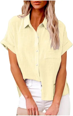 Binmer Womens Linen Button Down Shirt 2024 Fashion Plus Size Blouse Summer Casual Loose Dressy Short Sleeve Tops S-5XL
