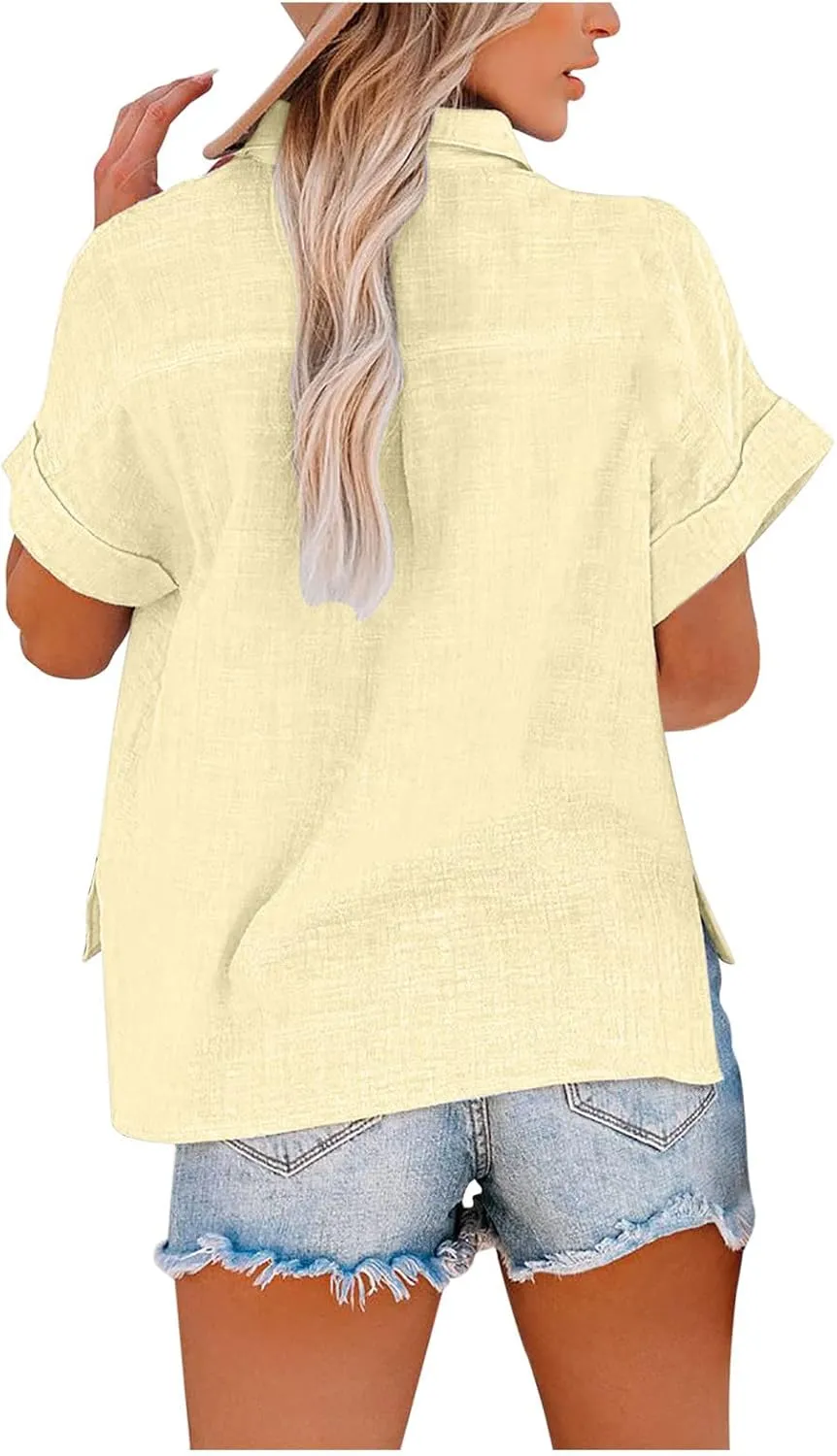 Binmer Womens Linen Button Down Shirt 2024 Fashion Plus Size Blouse Summer Casual Loose Dressy Short Sleeve Tops S-5XL