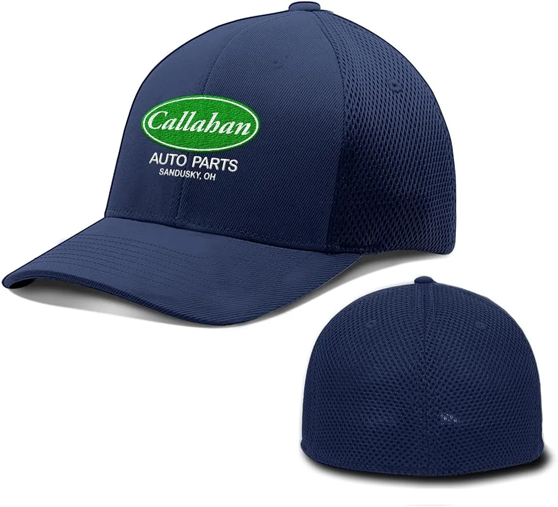 BustedTees Callahan Auto Parts Hat Fitted Flexfit Hats - Casual Wear Baseball Cap for Mens & Womens Ultrafibre Airmesh Mesh