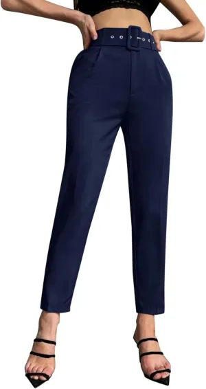 Casual Belted Dress Pants for Women Slim Fit Office Work Pencil Pants High Waisted Straight Leg Pull-On Trousers with Pockets