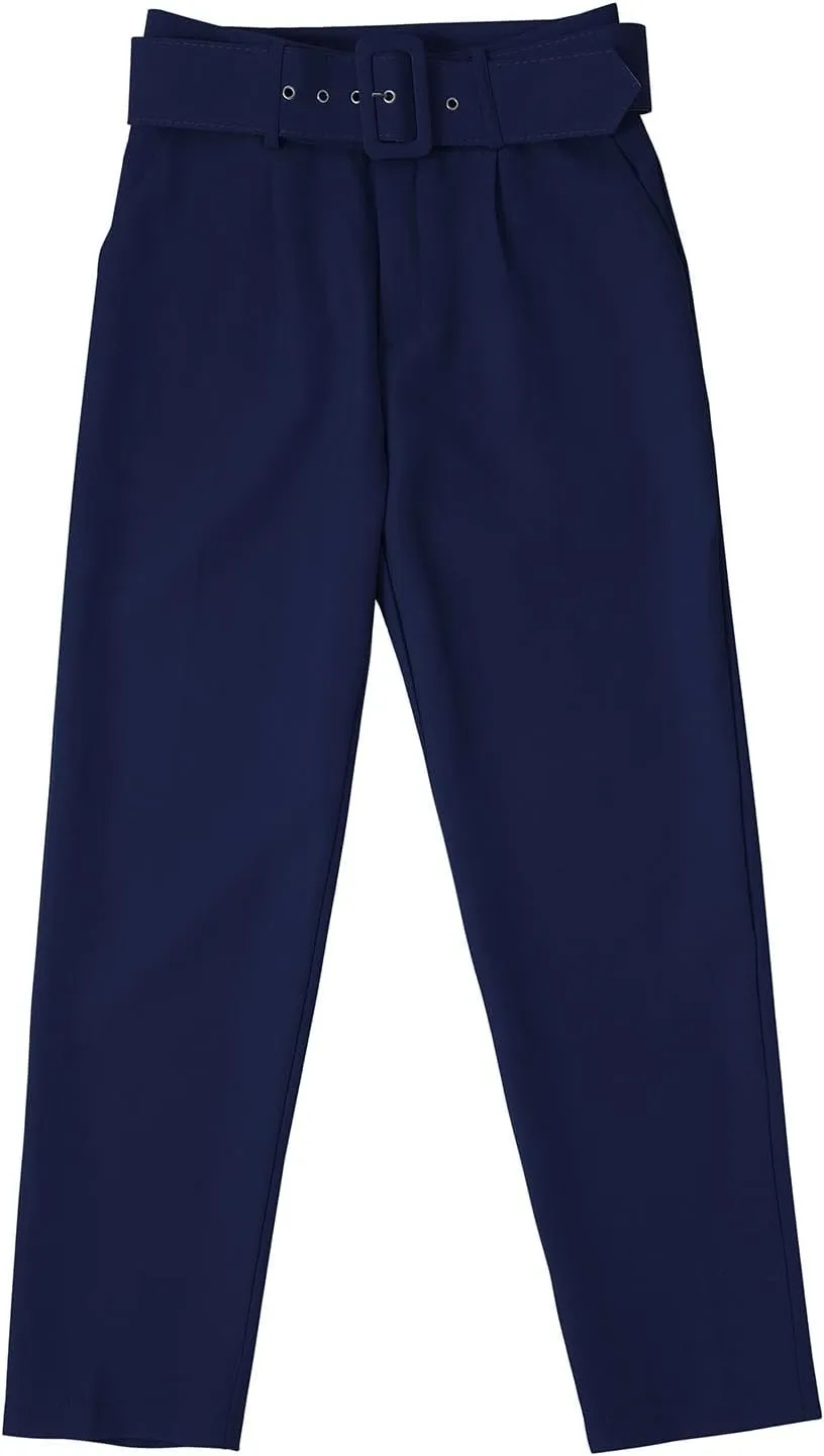 Casual Belted Dress Pants for Women Slim Fit Office Work Pencil Pants High Waisted Straight Leg Pull-On Trousers with Pockets