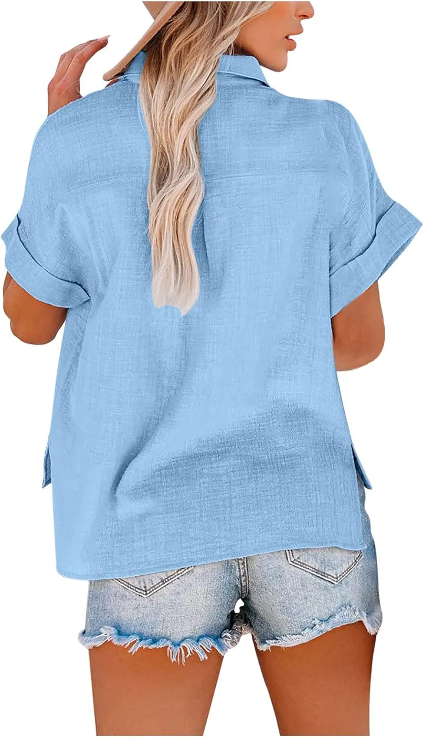 Ceboyel Linen Cotton Blouses for Women Button Down Causal Shirts Solid Color Summer Tops Dressy Work Office Ladies Clothes