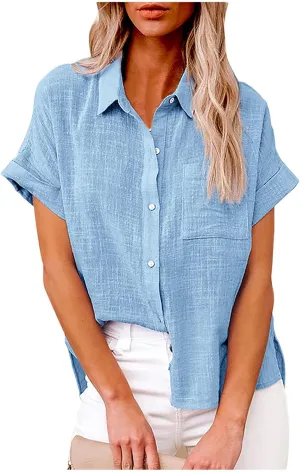 Ceboyel Linen Cotton Blouses for Women Button Down Causal Shirts Solid Color Summer Tops Dressy Work Office Ladies Clothes