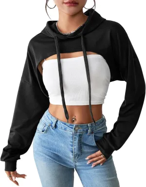 Century Star Womens Long Sleeve Super Cropped Hoodie Pullover Crop Sweatshirts Sexy Workout Gym Drawstring Top