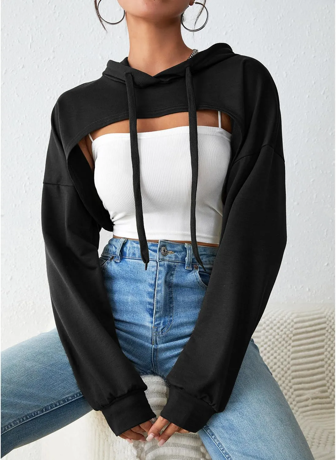 Century Star Womens Long Sleeve Super Cropped Hoodie Pullover Crop Sweatshirts Sexy Workout Gym Drawstring Top