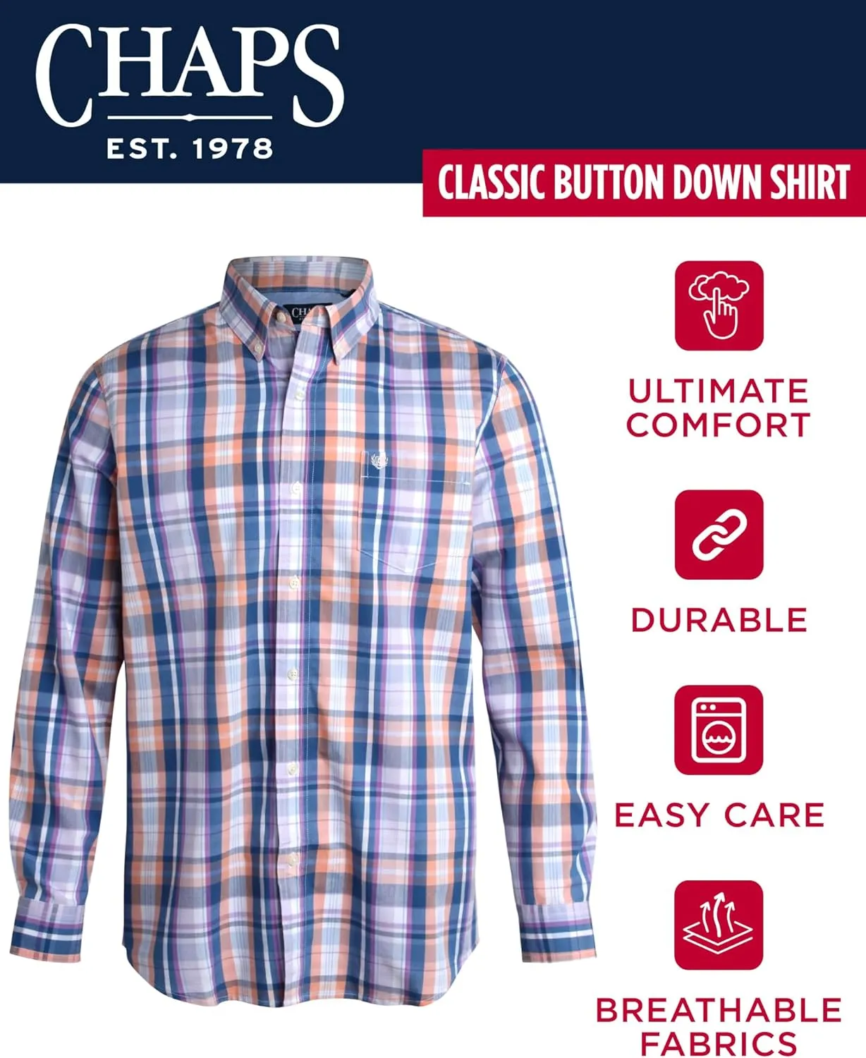 Chaps Men's Long Sleeve Button-Down Shirt - Classic Woven Wrinkle-Resistant Formal Collared Shirt for Men (Sizes: S-XXL)