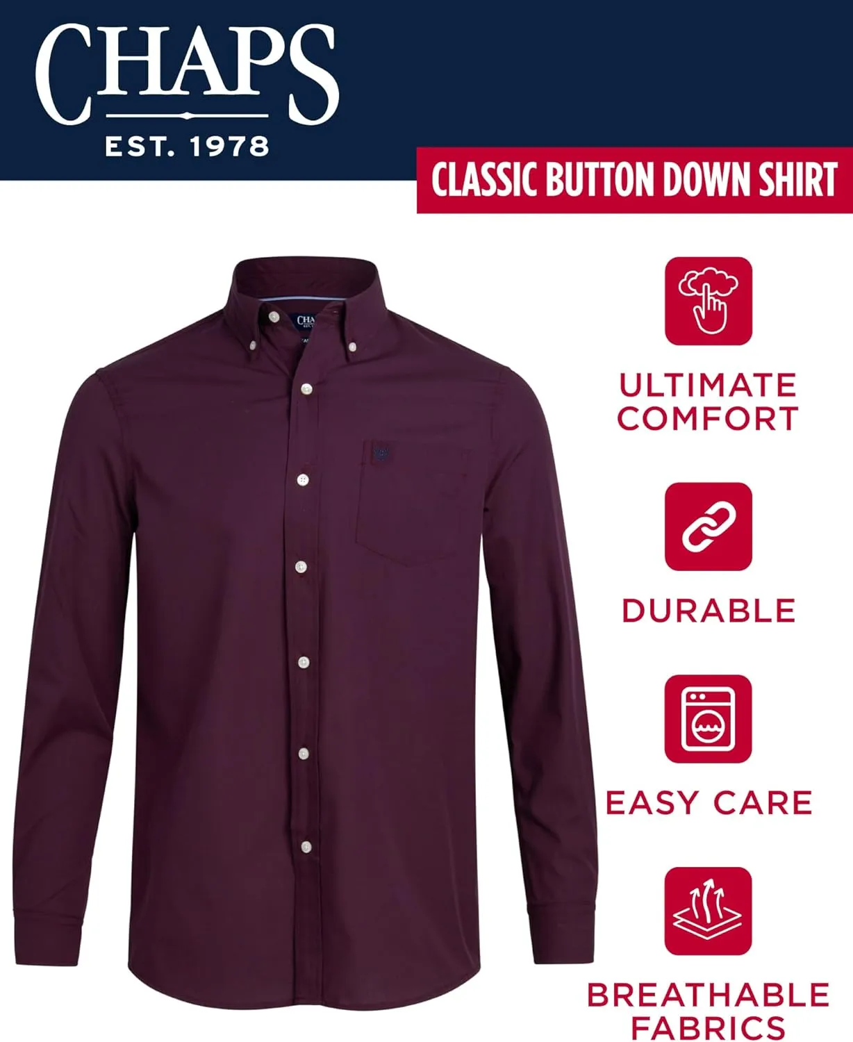 Chaps Men's Long Sleeve Button-Down Shirt - Classic Woven Wrinkle-Resistant Formal Collared Shirt for Men (Sizes: S-XXL)