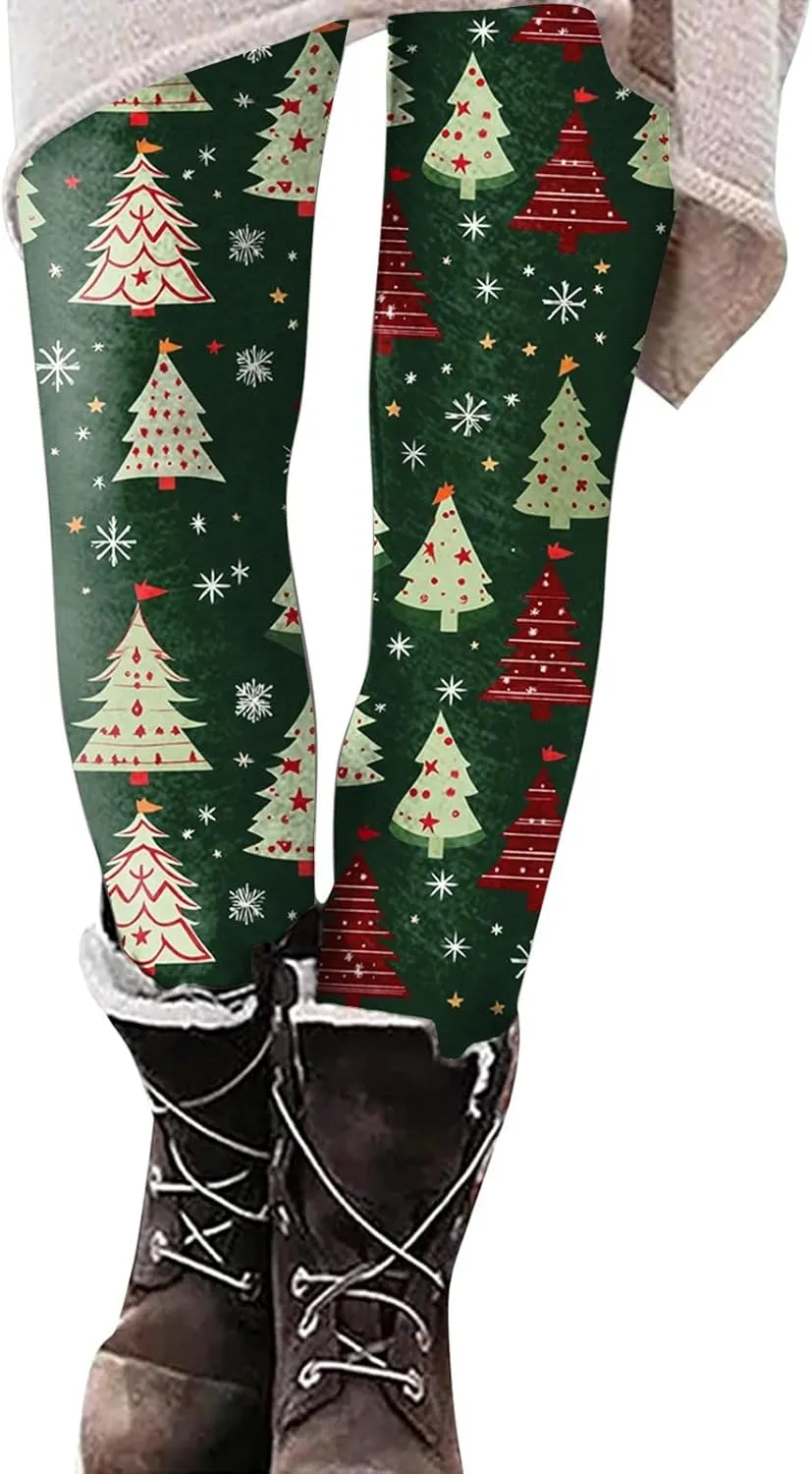 Christmas Leggings for Women 2024 Santa High Waisted Red Green Yoga Pants Plus Size Tummy Control Party Tights