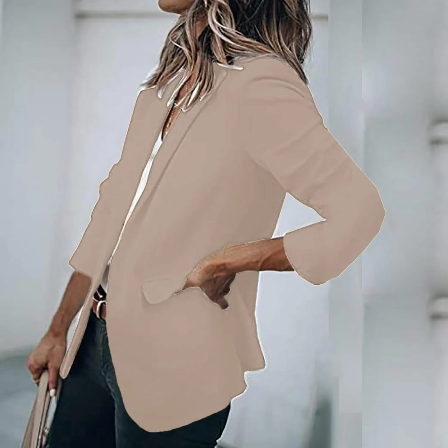 Collarless Blazer Jackets for Women Business Women Tops Open Front Prtite Basic Blazers Soft With Pockets Cardigan