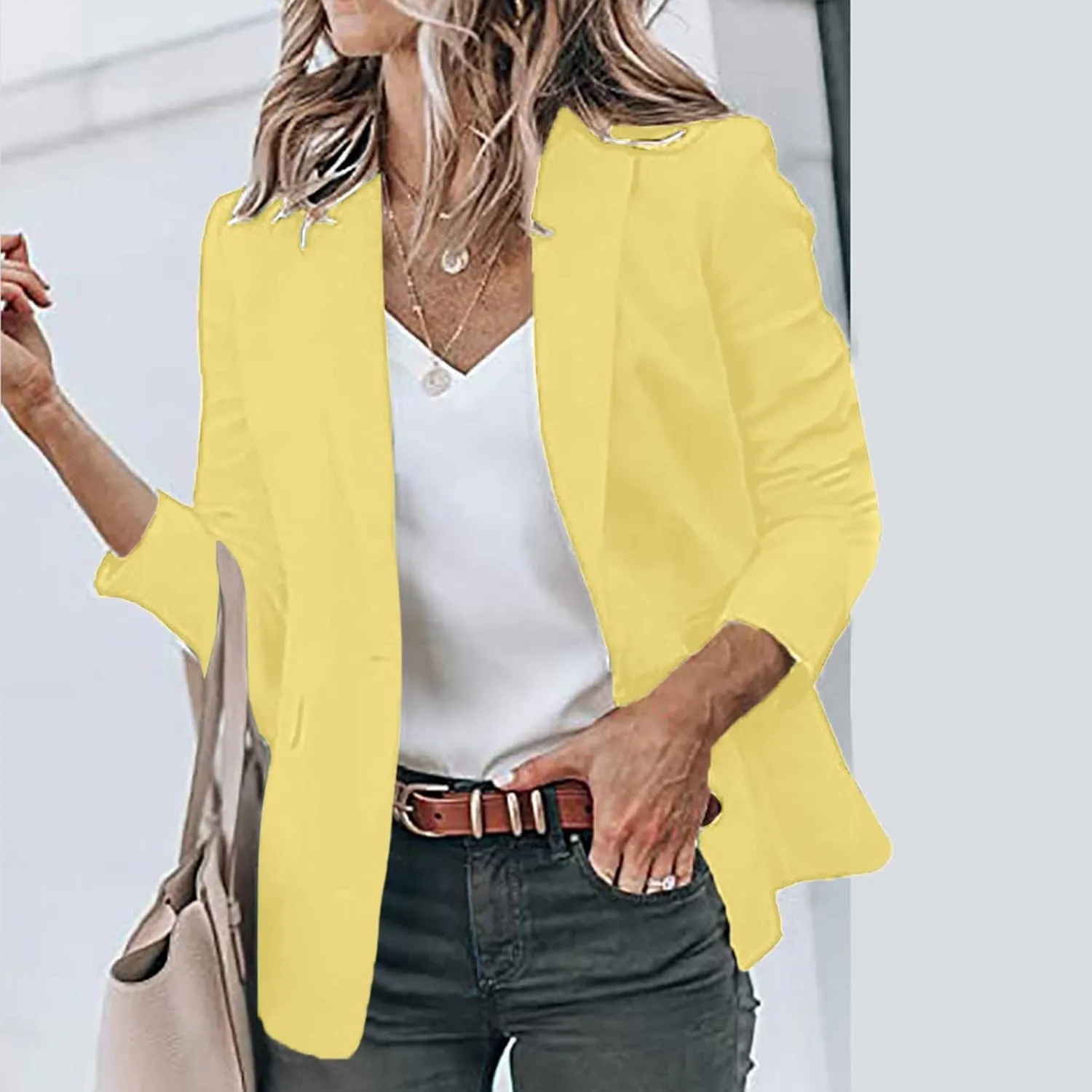 Collarless Blazer Jackets for Women Business Women Tops Open Front Prtite Basic Blazers Soft With Pockets Cardigan