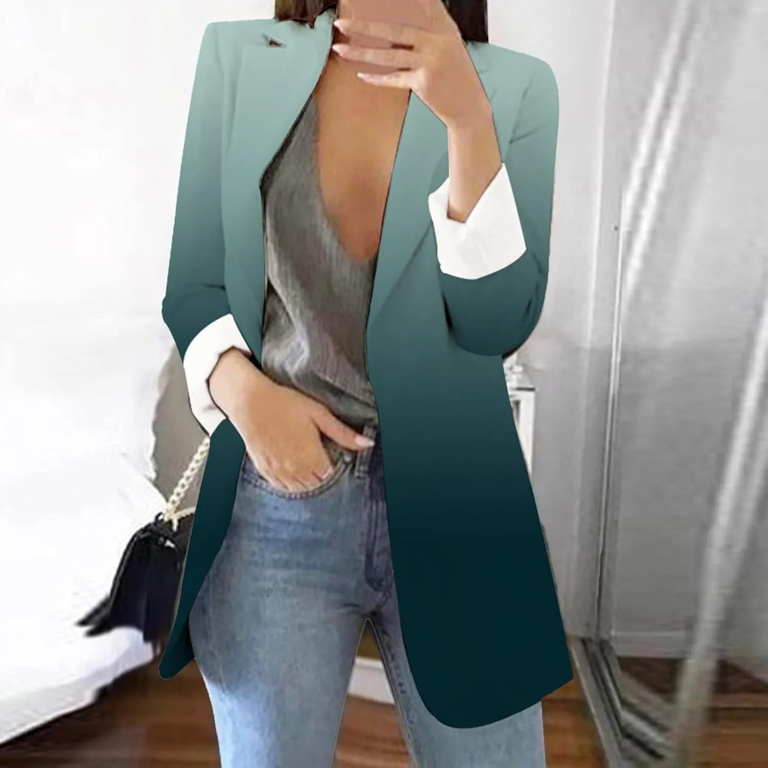 Collarless Blazer Jackets for Women Tweed Ladies Jacket Cropped Prtite Fancy Tops Fitted With Pockets Jackets