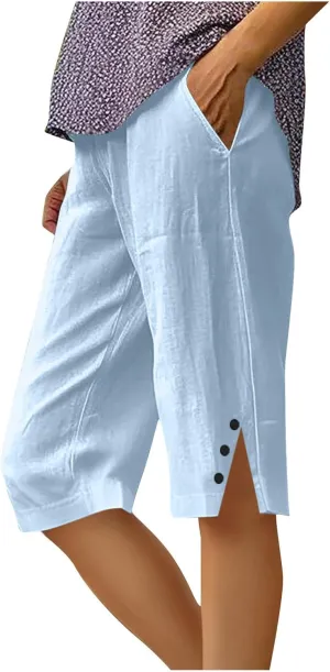 Cotton Linen Shorts Women 2025 Summer Casual Loose Fit Shorts High Waisted Wide Leg Side Slit Half Pants with Pockets