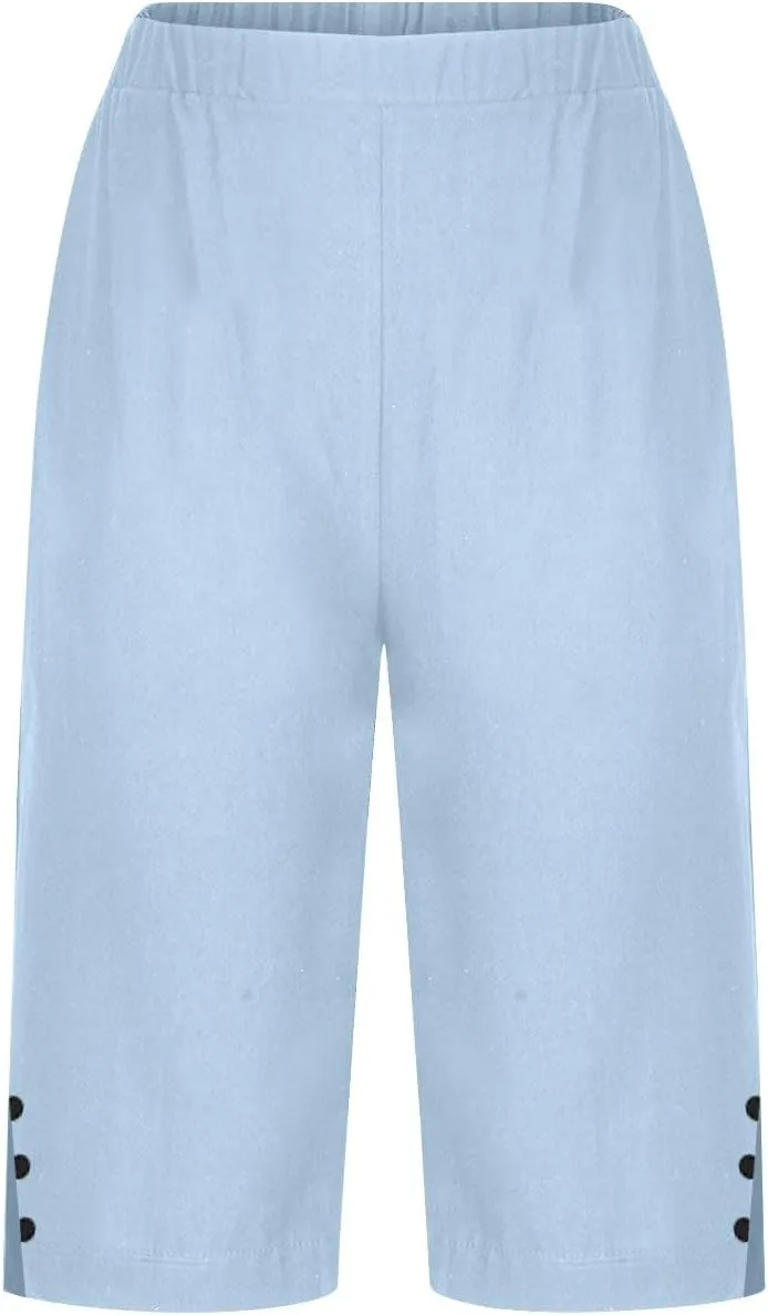 Cotton Linen Shorts Women 2025 Summer Casual Loose Fit Shorts High Waisted Wide Leg Side Slit Half Pants with Pockets