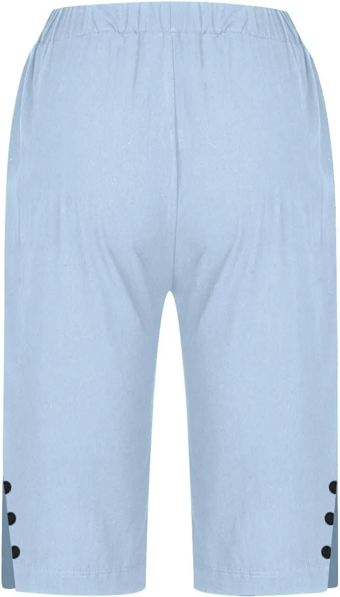 Cotton Linen Shorts Women 2025 Summer Casual Loose Fit Shorts High Waisted Wide Leg Side Slit Half Pants with Pockets