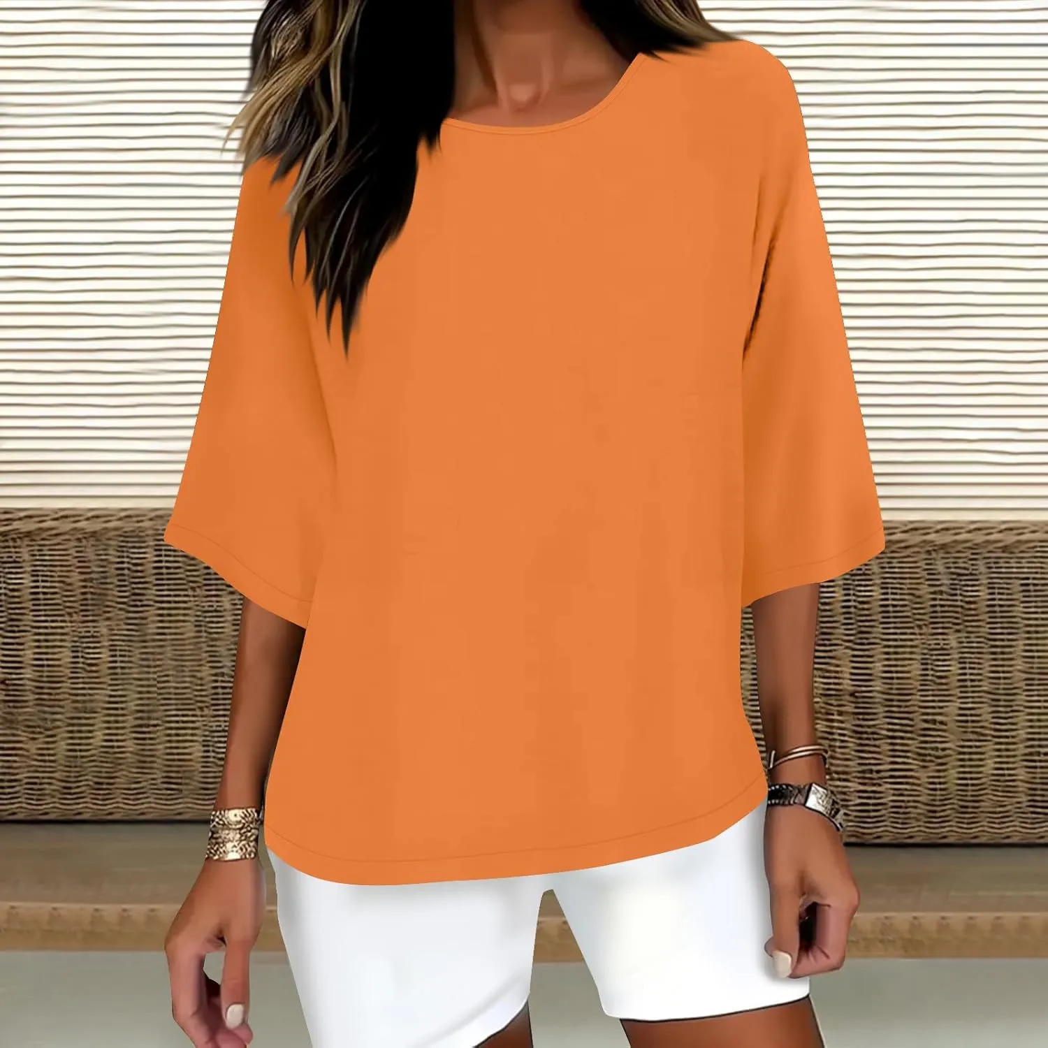 Cotton Linen Tops for Women Solid Color 3/4 Sleeve Round Neck Tunic Blouses Casual Plus Size Loose Fitting Tee Shirt