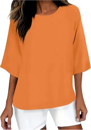 Cotton Linen Tops for Women Solid Color 3/4 Sleeve Round Neck Tunic Blouses Casual Plus Size Loose Fitting Tee Shirt