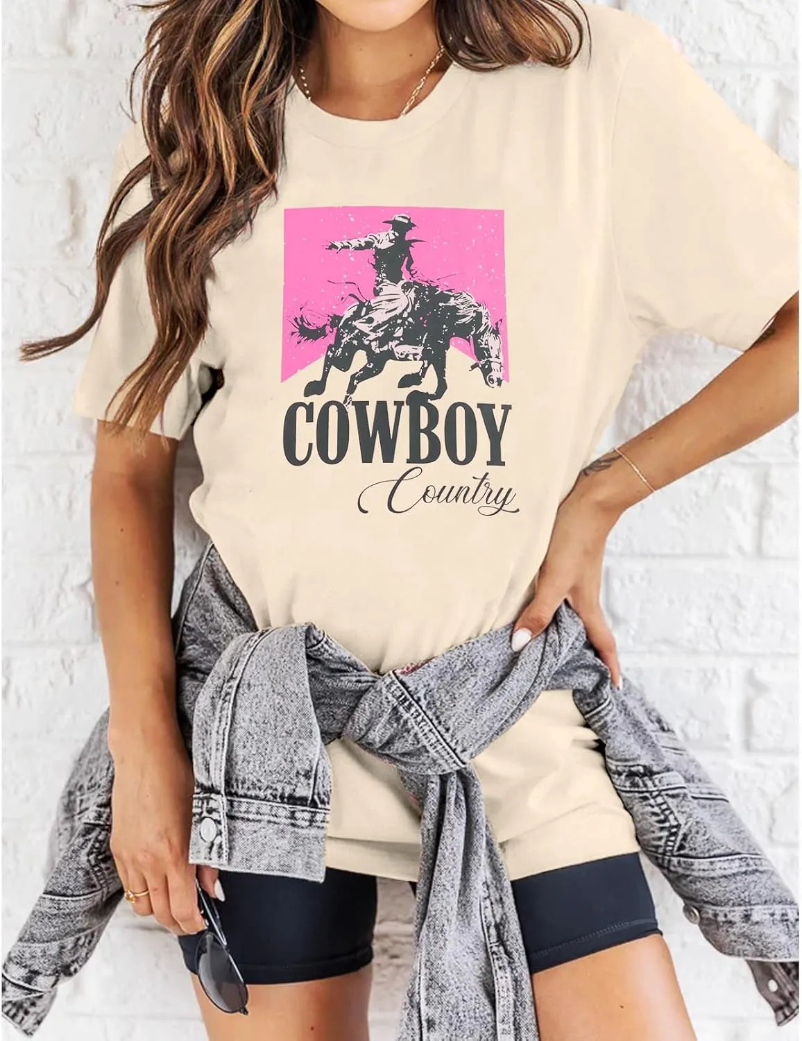 Cowgirl Shirt Women Oversized Western Country Music Shirts Rodeo Graphic Tees Tops Casual Vacation Crew Neck Pullover