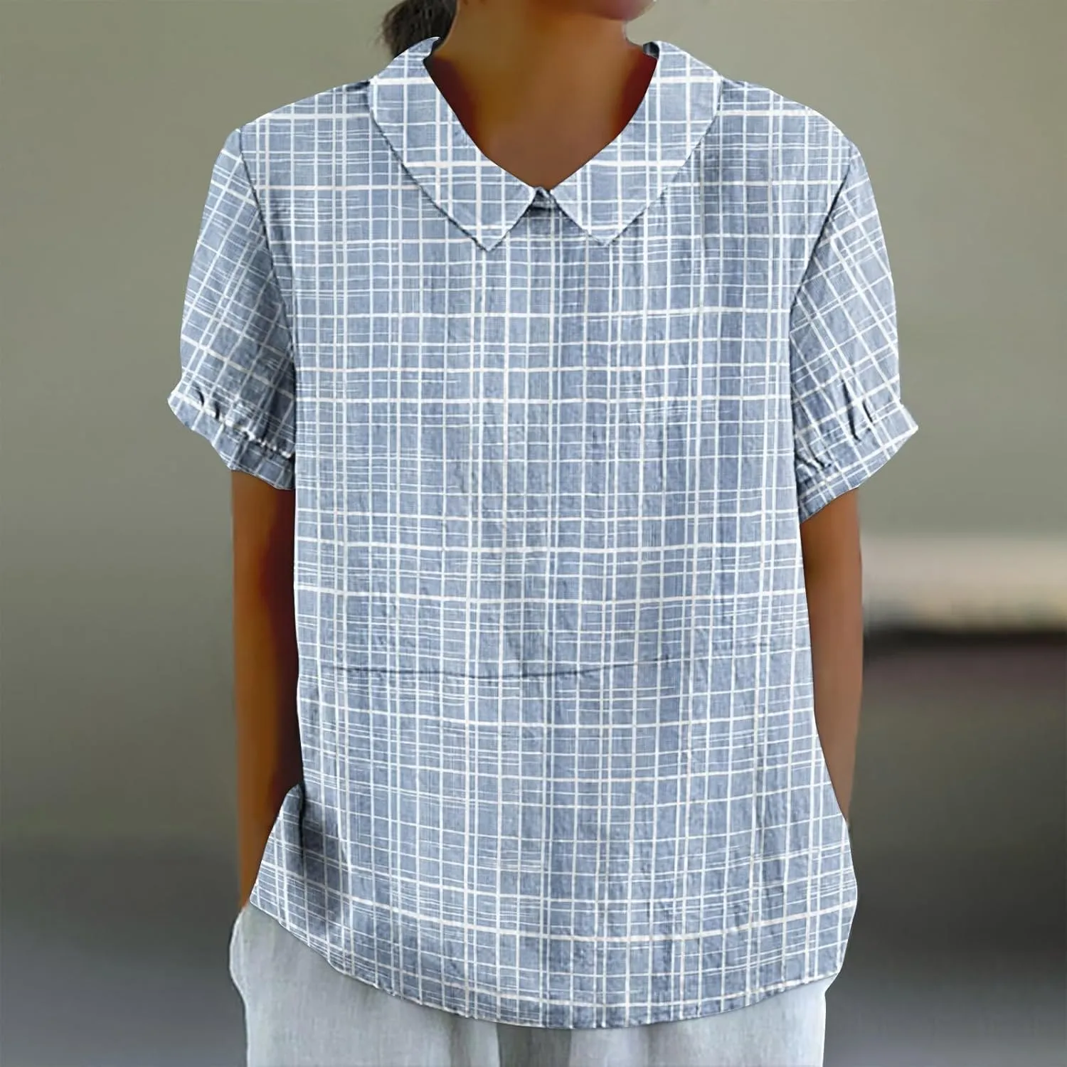 DASAYO Cute Tops for Women Peter Pan Collar Short Sleeve Linen Shirts Plus Size Floral Blouses Dressy Casual Summer Clothes