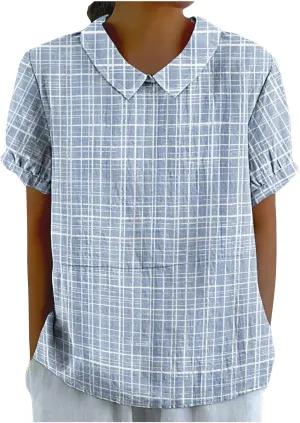 DASAYO Cute Tops for Women Peter Pan Collar Short Sleeve Linen Shirts Plus Size Floral Blouses Dressy Casual Summer Clothes