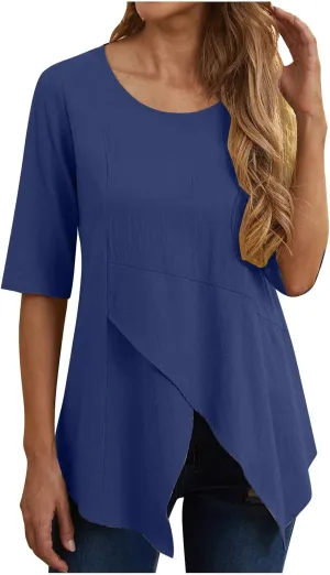 DASAYO Women's Cotton Linen T-Shirts Tops Irregular Hem Flowy Round Neck Tee Shirt Plain Loose Casual Summer Tshirt Blouses