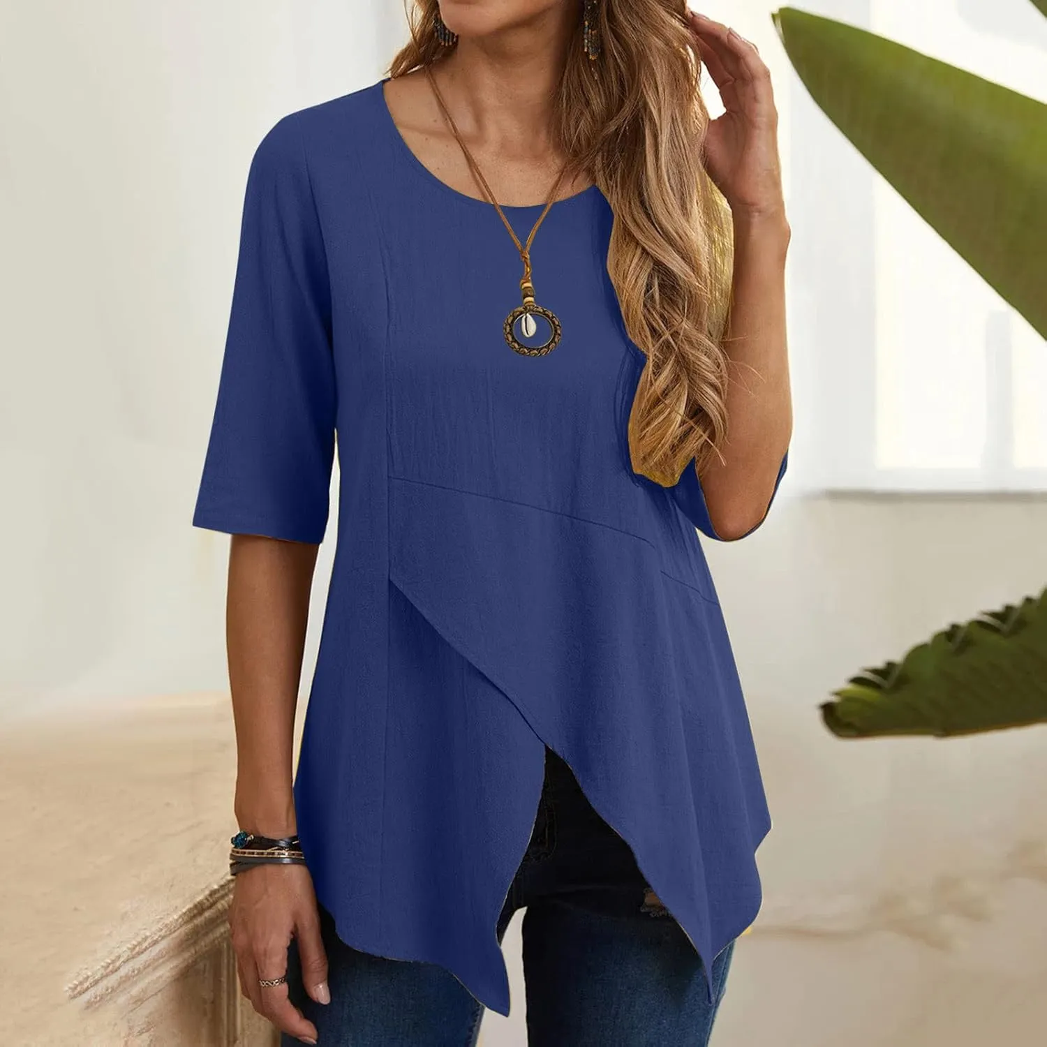 DASAYO Women's Cotton Linen T-Shirts Tops Irregular Hem Flowy Round Neck Tee Shirt Plain Loose Casual Summer Tshirt Blouses