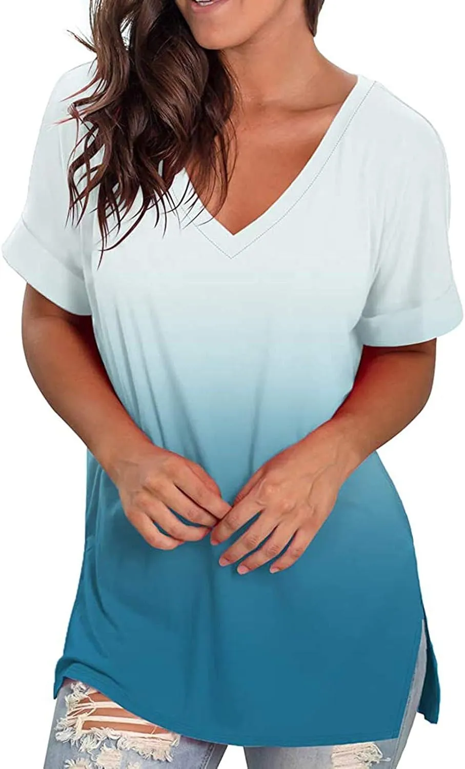 DASAYO Womens Tops 2023 Summer Casual T-Shirt Plus Size Fashion Short Sleeve Shirts Blouse Going Out Tunic Ladies Outfits