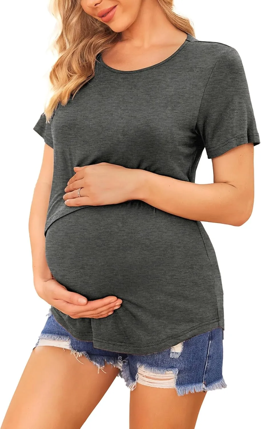 Ekouaer Women's Maternity Shirts Short Sleeves Nursing Tops 3 Pack Double Laye Breastfeeding Tees Pregnancy Clothes S-XXL