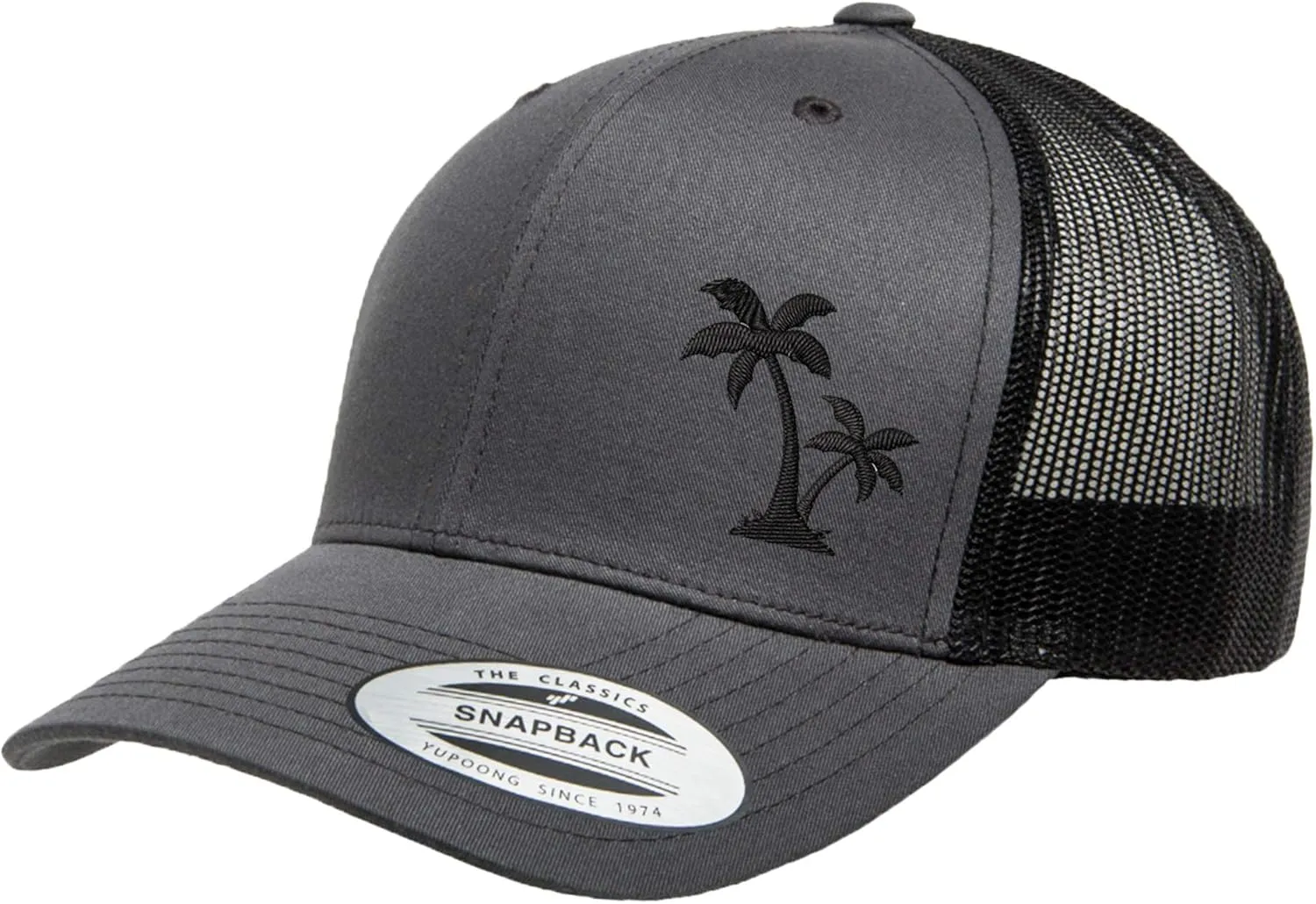 Embroidered Palm Tree Silhouette Trucker Snapback Cap Mesh Back Men and Women
