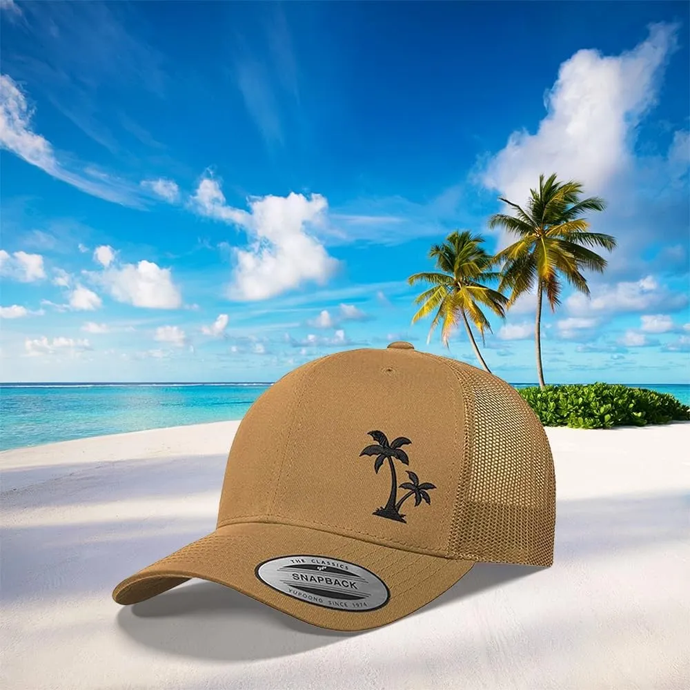 Embroidered Palm Tree Silhouette Trucker Snapback Cap Mesh Back Men and Women