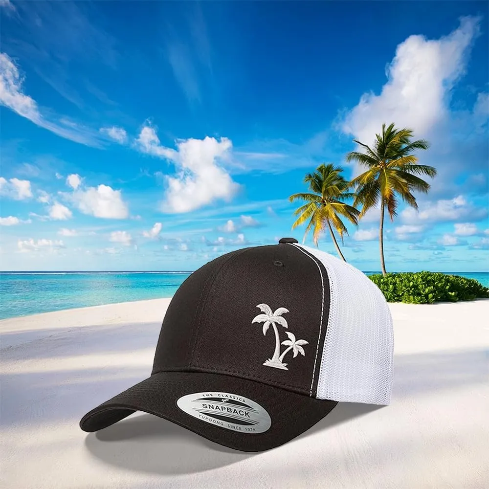 Embroidered Palm Tree Silhouette Trucker Snapback Cap Mesh Back Men and Women