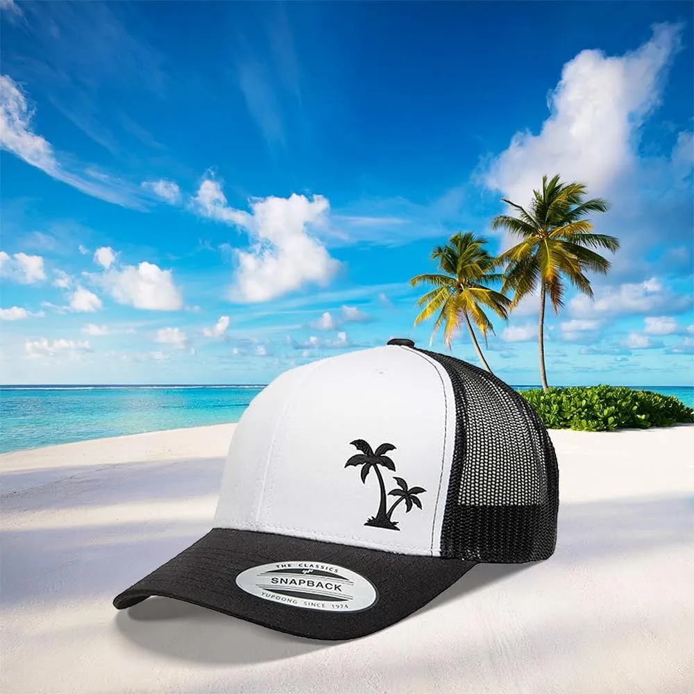 Embroidered Palm Tree Silhouette Trucker Snapback Cap Mesh Back Men and Women