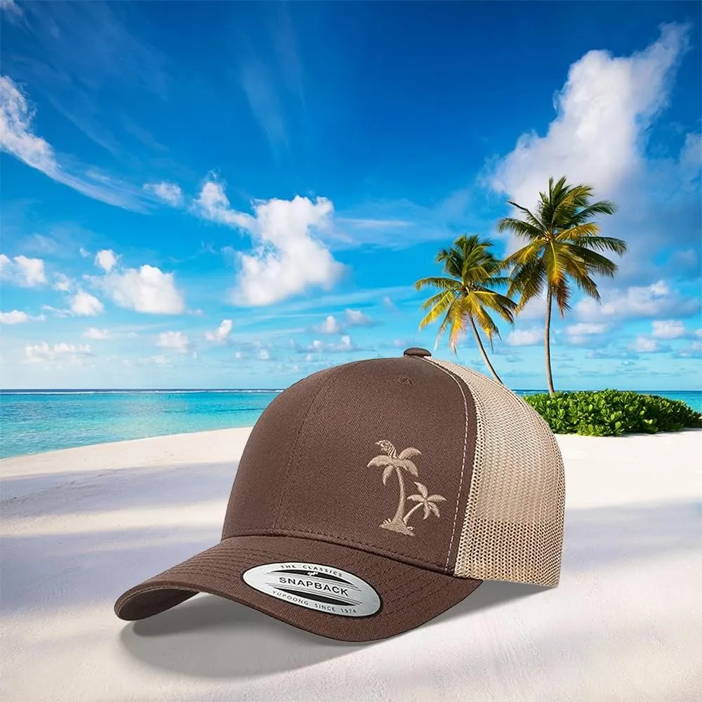 Embroidered Palm Tree Silhouette Trucker Snapback Cap Mesh Back Men and Women