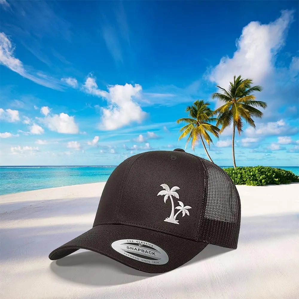 Embroidered Palm Tree Silhouette Trucker Snapback Cap Mesh Back Men and Women