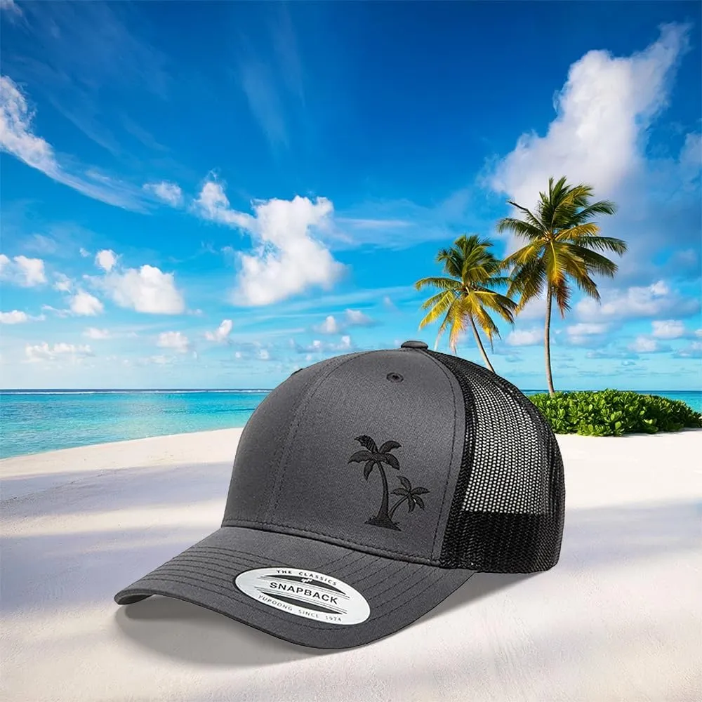 Embroidered Palm Tree Silhouette Trucker Snapback Cap Mesh Back Men and Women