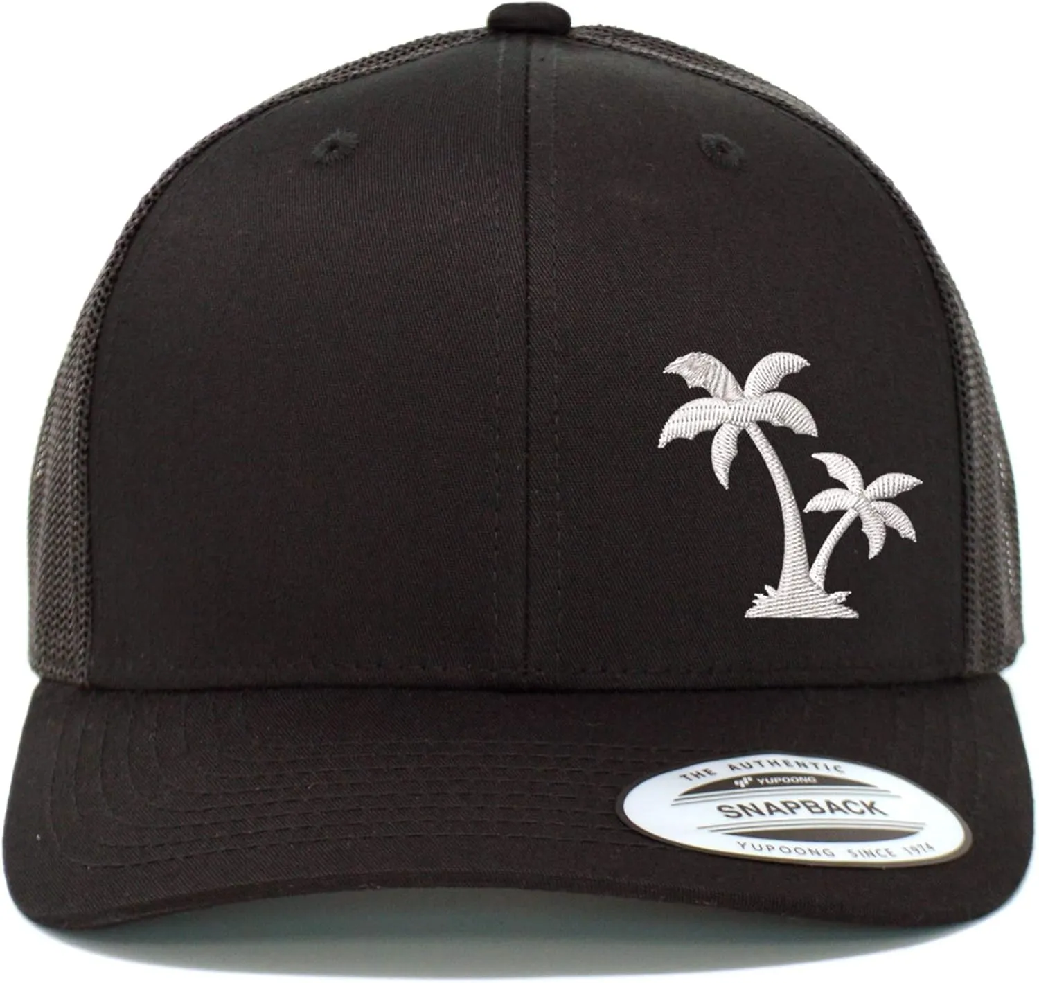 Embroidered Palm Tree Silhouette Trucker Snapback Cap Mesh Back Men and Women
