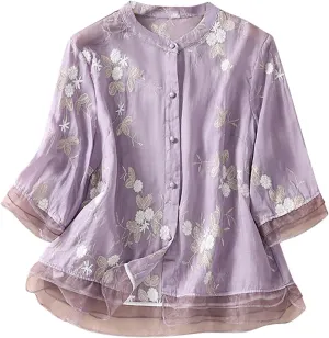 Embroidery Tops for Women Casual Mexican Cotton Linen Blouse Boho Short Sleeve Tshirt Summer Fiesta Shirts