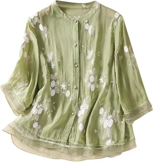 Embroidery Tops for Women Casual Mexican Cotton Linen Blouse Boho Short Sleeve Tshirt Summer Fiesta Shirts