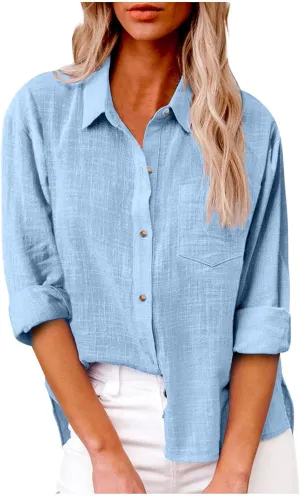 Firzero Womens Tunic Tops Dressy Casual Button Down Shirts Summer Long Sleeve Cotton Linen Blouse Plus Size V Neck Tops