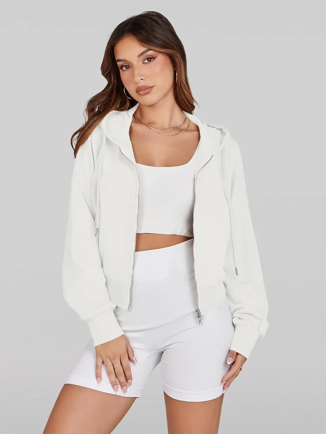 Fisoew Women's Crop Zip Up Hoodies Casual Long Sleeve Hooded Cropped Sweatshirts with Pockets