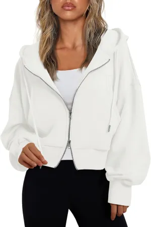 Fisoew Women's Crop Zip Up Hoodies Casual Long Sleeve Hooded Cropped Sweatshirts with Pockets