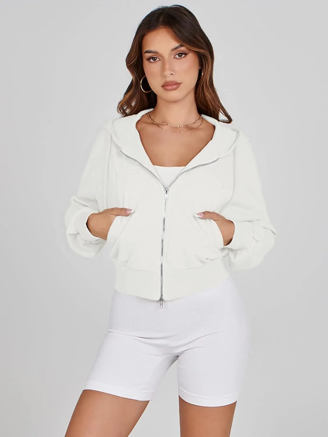 Fisoew Women's Crop Zip Up Hoodies Casual Long Sleeve Hooded Cropped Sweatshirts with Pockets