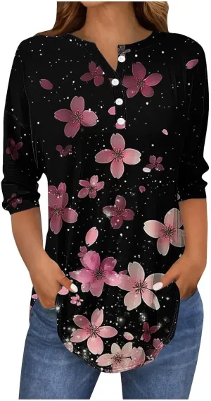 Floral Print 3/4 Length Sleeve Womens Tops 2025 Summer Henley Buttons V Neck Shirts Trendy Flowy Tunic Blouse Tees