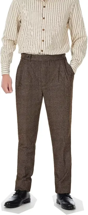 Formal Men Dress Pants with Design Buckle Tweed Herringbone Flat Wool Winter Groomsman Wear Tailored Fit