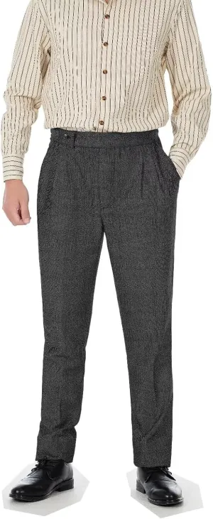 Formal Men Dress Pants with Design Buckle Tweed Herringbone Flat Wool Winter Groomsman Wear Tailored Fit