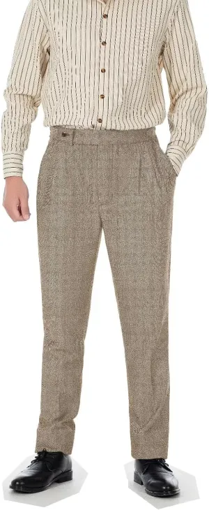 Formal Men Dress Pants with Design Buckle Tweed Herringbone Flat Wool Winter Groomsman Wear Tailored Fit